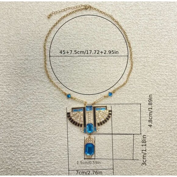 Art Deco Style Gold Chain Blue Crystal Statement Necklace - Picture 2 of 4